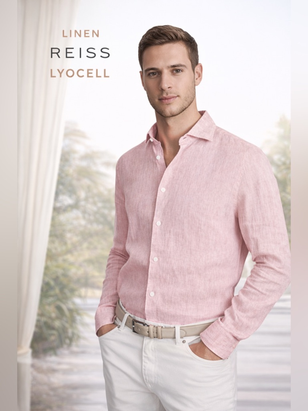 Reiss Pink Linen Lyocell Button Down Shirt Men’s Large Slim Fit Summer Resort